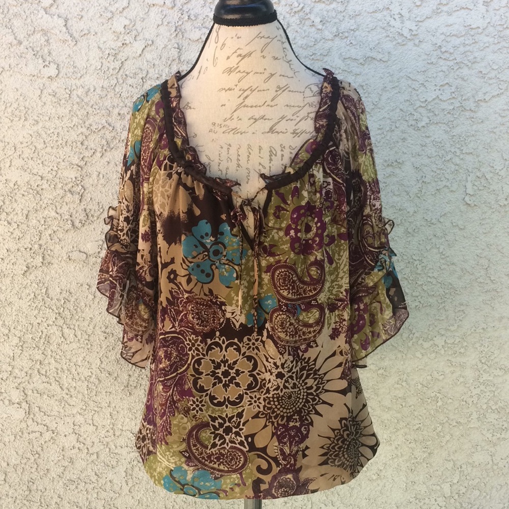 ECI New York Paisley Floral Ruffle Career Blouse